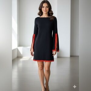 Tenax Black Boat Neck Split Sleeve Red Trim Mini Dress Made in Italy IT 44/ US 8